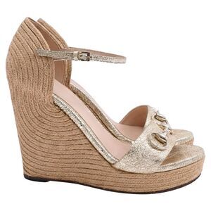 Gucci Crackled Carolina Horsebit Espadrille Wedge Sandals in Gold Leather